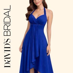 David’s Bridal NWT Discontinued Royal Blue Chiffon Hi-Low Halter Dress Size 6
